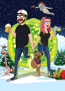 Personalised Rick and Morty drawing of a couple, woman in pink hair, holding a portal gun, Man wearing a cap, holding a beer mug, and a dog in between them.