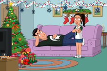 Load image into Gallery viewer, Family guy couple art with man lying on the couch smiling, and woman standing near the couch looking upset, with christmas decoration in the room.