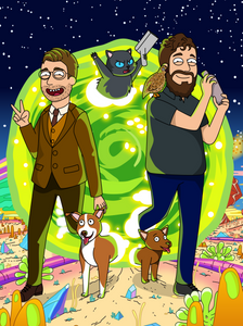 2 Men coming out of the portal, one holding a bottle and another man holding up a peace sign,  with 2 dogs at the bottom of the portal and a cat on top holding the portal gun, and a bird sitting on man's shoulder.