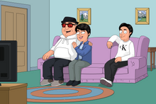 Load image into Gallery viewer, Man and woman looking at each other, smiling, man wearing glasses and a hat and their son sitting on other side of the couch in this Family guy style portrait.