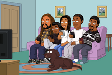 Load image into Gallery viewer, Custom Family guy portrait of 5 people and 1 dog, all humans on the couch, looking at their phones and the dog is watching TV.