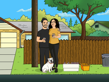 Load image into Gallery viewer, A couple and their dog posing near the fence with man and woman holding beer cans in their hand in this King of the hill couple portrait.