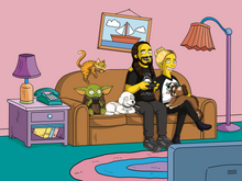 Load image into Gallery viewer, couple sitting on a couch, woman holding a dog, man has long hair, playing video game,  baby yoda sitting and sipping soup in this Simpsons style picture