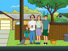 Load image into Gallery viewer, King of the Hill Family Portrait including the Moms dressed as Peggy and Hank Hill standing together with kids and a dog.