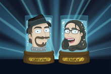 Load image into Gallery viewer, Couple named Laura and Gregor are inside the jar in this Futurama Couple Portrait, woman wearing specs and man wearing a hat.