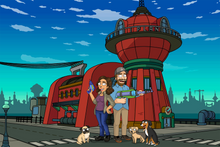 Load image into Gallery viewer, Man wearing a cap, holding a gun and woman wearing a nose pin, holding a laser gun and 3 dogs sitting on the ground in this Futurama portrait.