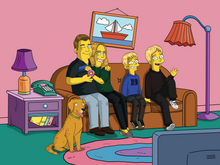 Load image into Gallery viewer, the simpsons family portrait with a man winking and holding a doughnut, woman smiling, 2 kids and a dog are watching tv.