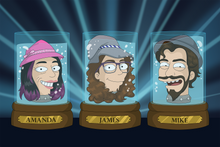 Load image into Gallery viewer, 3 people inside jars with smiling faces and wearing different types of hats in this Futurama Style portrait.