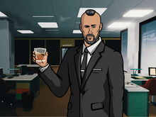 Load image into Gallery viewer, A man dressed as Archer with a zero fade haircut, holding a drink in his hand, standing in the intelligence agency in this customized archer portrait.