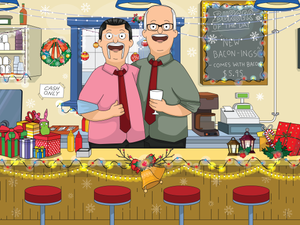 2 men wearing glasses and red ties, standing behind the counter, one of them holding a glass of wine, with christmas decoration inside the restaurant.