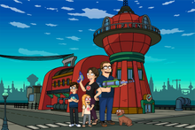 Load image into Gallery viewer, Futurama style family portrait in which the couple is holding guns, kids are posing and dog is sitting on the ground.