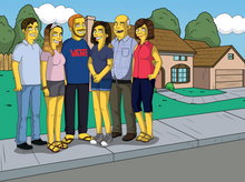 Load image into Gallery viewer, A family of 6 laughing and having a good time together, standing in front of the house in a simpsons style family picture.