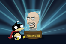 Load image into Gallery viewer, Custom Futurama portrait of a bald man with a bright smile and big eyes inside the jar and nibbler sitting next to the jar.