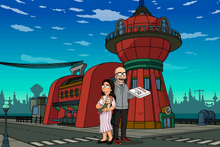 Load image into Gallery viewer, Couple standing in front of planet express, woman holding a baby and man holding a box of pizza in this  Futurama family portrait.