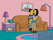 Load image into Gallery viewer, A woman sitting on the couch, wearing a beanie with another woman sitting on her lap and wearing a ripped jeans in this simpsons custom picture.