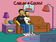 Load image into Gallery viewer, Two men sitting on the couch with one of them holding a dog in a personalised simpsons portrait.