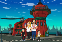 Load image into Gallery viewer, Futurama family photo of a couple and their kids, man holding a baby, woman holding a gun, one kid holding a can of slurm and the other kid waving.