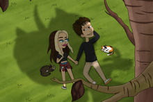 Load image into Gallery viewer, Couple lying under the tree, holding hands, looking at each other while their cats lying on both sides in a big mouth custom portrait.