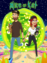 Load image into Gallery viewer, rick and morty couples portrait with woman in red hair holding a dog, man wearing a cap and holding another dog, both holding hands and coming out of the portal.
