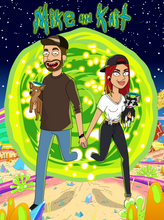 Load image into Gallery viewer, rick and morty couples portrait with woman in red hair holding a dog, man wearing a cap and holding another dog, both holding hands and coming out of the portal.