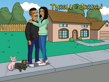 Load image into Gallery viewer, Man and woman wearing hoodies, standing in front of the house and 2 cats sitting on the ground in a Simpsons artwork.