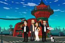 Load image into Gallery viewer, Bride and Groom posing in front of planet express, groomsmen on both sides holding drinks and a box of pizza with a dog sitting on the ground.