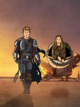 Load image into Gallery viewer, A couple dressed as characters from Star wars, man in front and woman sitting in baby yoda's pod in a Galaxy Wars Custom Picture.