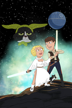 Load image into Gallery viewer, Galaxy wars style couple portrait, both holding lightsabers, a cat's head with baby yoda's ears, is floating in the air.