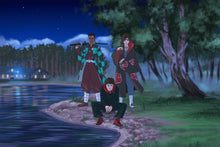 Load image into Gallery viewer, Personalised Naruto portrait of 3 people drawn as anime characters in a setting of Forest and Lake with one man sitting and other 2 posing as Tanjiro and Itachi behind him.