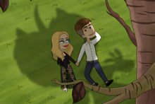 Load image into Gallery viewer, A blonde girl and a brown haired boy lying under the tree, holding hands and looking at each other in this big mouth artwork.