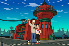 Load image into Gallery viewer, Futurama style portrait where a man with brown hair and a woman with red hair wearing a crop top, are standing and Nibbler is sitting on the ground.