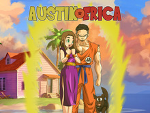 Load image into Gallery viewer, A couple wearing Chichi and Goku's outfits, woman looking at the man lovingly and man standing with a serious face with a dog beside them in this Dragon Ball z custom artwork.