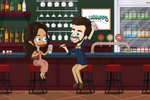 Load image into Gallery viewer, Couple chilling at bar, girl carrying a handbag and holding a starbucks and the guy holding a beer can in this big mouth personalised art.