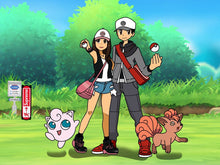 Load image into Gallery viewer, A boy and a Girl drawn as Hilda and Hilbert, holding pokeball in their hands, having vulipx and jigglypuff on their sides in this custom pokemon style portrait.