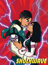 Load image into Gallery viewer, My Hero Academia Portrait with a couple dressed as Ochako Uraraka and Izuku Midoriya and lightning in the background.