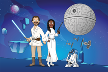 Load image into Gallery viewer, Galaxy wars portrait, couple drawn as Bob's burgers characters, man in farmboy outfit with lightsaber and woman in Alderaan gown holding “leias blaster” with R2D2 beside them.