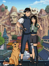 Load image into Gallery viewer, Naruto style portrait of Man, woman and pet standing together in Konoha, all wearing leaf headbands, woman holding up a peace sign.