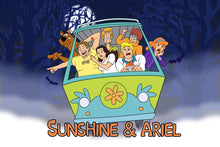 Load image into Gallery viewer, A couple sitting in the mystery machine with scooby doo characters, all looking terrified, in this custom anime style portrait.