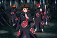 Load image into Gallery viewer, 4 men wearing Akatsuki Cloaks posing in a forest with the front man having a red eye in this custom Naruto Artwork.