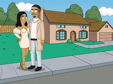 Load image into Gallery viewer, A man having a buzz cut and wearing an overcoat with a woman wearing a short white dress posing with hands on her waist in a Simpsons personalised art.
