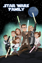 Load image into Gallery viewer, Stars wars family portrait of 7, ready to battle, all holding lightsabers and dressed as charcters of the movie with a floating spaceship behind them.