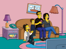 Load image into Gallery viewer, Parents and son sitting on the couch, man holding a doughnut, while the daughter sitting down and waving in this personalised Simpsons artwork.