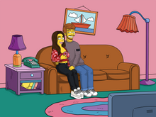 Load image into Gallery viewer, Custom Simpsons portrait of a couple sitting on the couch, watching tv, with man's hand on woman's thigh and woman holding a strawberry doughnut.