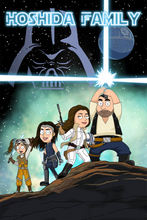 Load image into Gallery viewer, A family of 4 in the galaxy background holding lightsabers, with Hoshida Family written on the top in this Galaxy Wars style portrait.