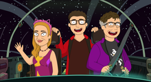 Load image into Gallery viewer, Parents and Kid in a spaceship, man is driving, woman is waving and the kid standing in the centre in a Rick and Morty style portrait.
