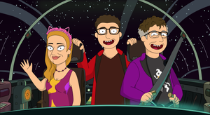 Parents and Kid in a spaceship, man is driving, woman is waving and the kid standing in the centre in a Rick and Morty style portrait.