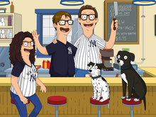 Load image into Gallery viewer, Custom bobs burgers portrait with 2 men and a woman, all wearing glasses and having NY Yankees logo on their shirts and 2 dogs sitting on the stools inside the restaurant.