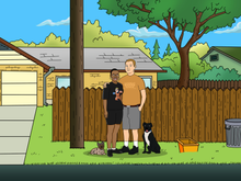 Load image into Gallery viewer, King of the hill personalised portrait of a couple and their two dogs with the woman wearing specs and a Naruto shirt and Man wearing a Nacho Problem shirt.