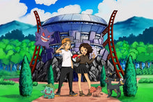 Load image into Gallery viewer, A pokemon style custom portrait where girl and boy are drawn as pokemon characters and they have pokemons around them.