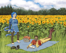 Load image into Gallery viewer, 'Avatar The Last Airbender' couple portrait of a woman as waterbender and a man as airbender, woman standing and smiling at the man and man lying down and reading a book, in a Sunflower field.